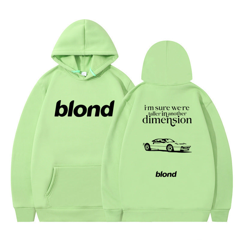 Black hoodie with 'blond' written twice and a graphic of a car on the back, with the text 'i'm sure we're all in another dimension'.