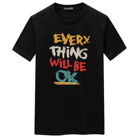A black short-sleeve men's t-shirt with a colorful text and cartoon print on the front.