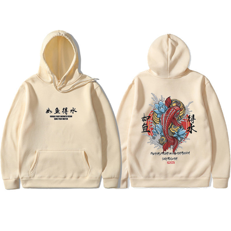 A beige urban hoodie with a traditional Japanese art print in the center, featuring an animal and floral elements.