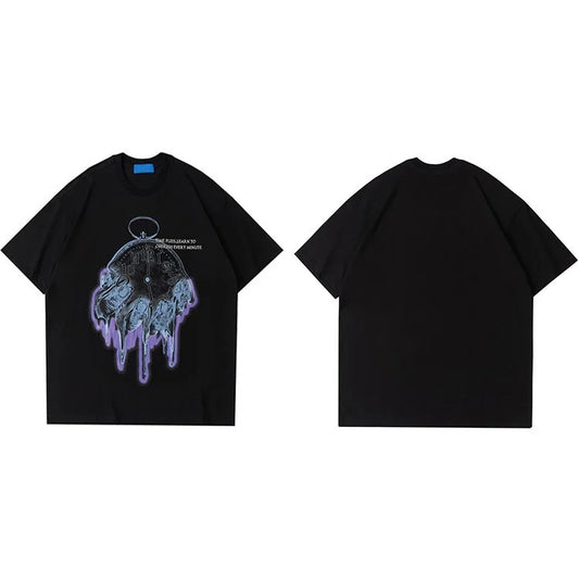 A black crew neck t-shirt with a unique printed clock graphic on the front and nothing on the back.