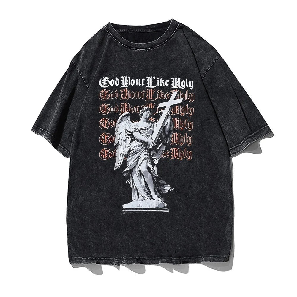 Black t-shirt with a graphic print of a statue and the text 'God Went Iike Holy' repeated multiple times.