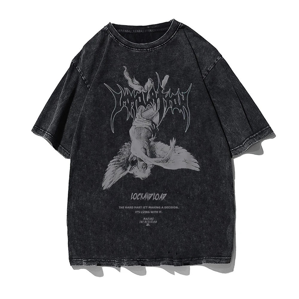 Black t-shirt with a graphic print of a statue and the text 'God Went Iike Holy' repeated multiple times.