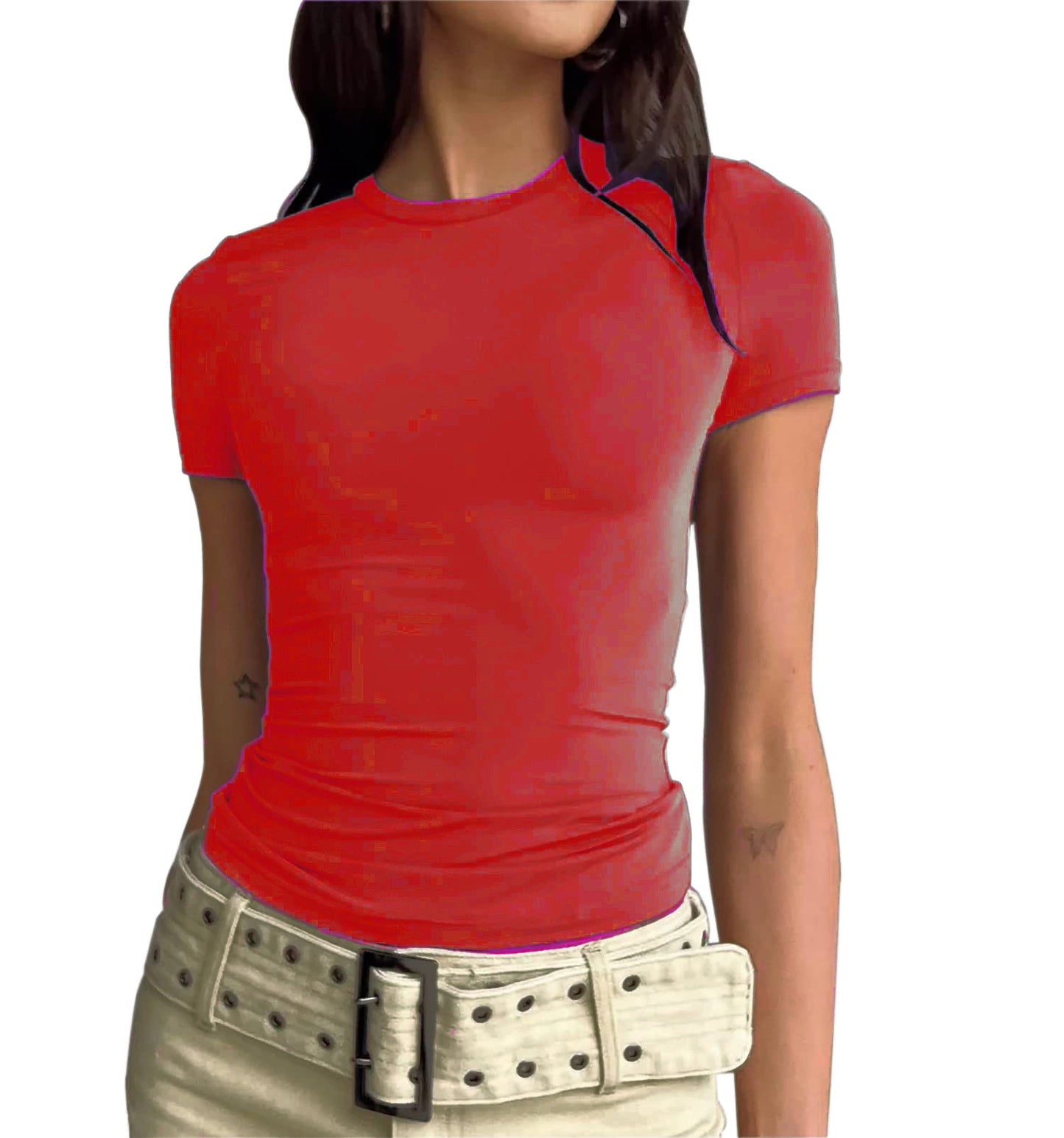 A woman wearing a red Urban Core Layer Tee with a round neckline and short sleeves.