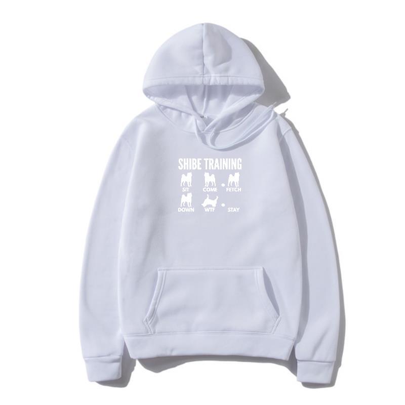 A white hoodie with 'URBAN TRAINER' text and illustrations of dogs on the front.