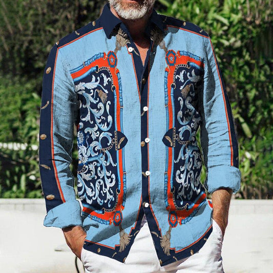 A man wearing a long-sleeve shirt with a digital print design in multiple colors.