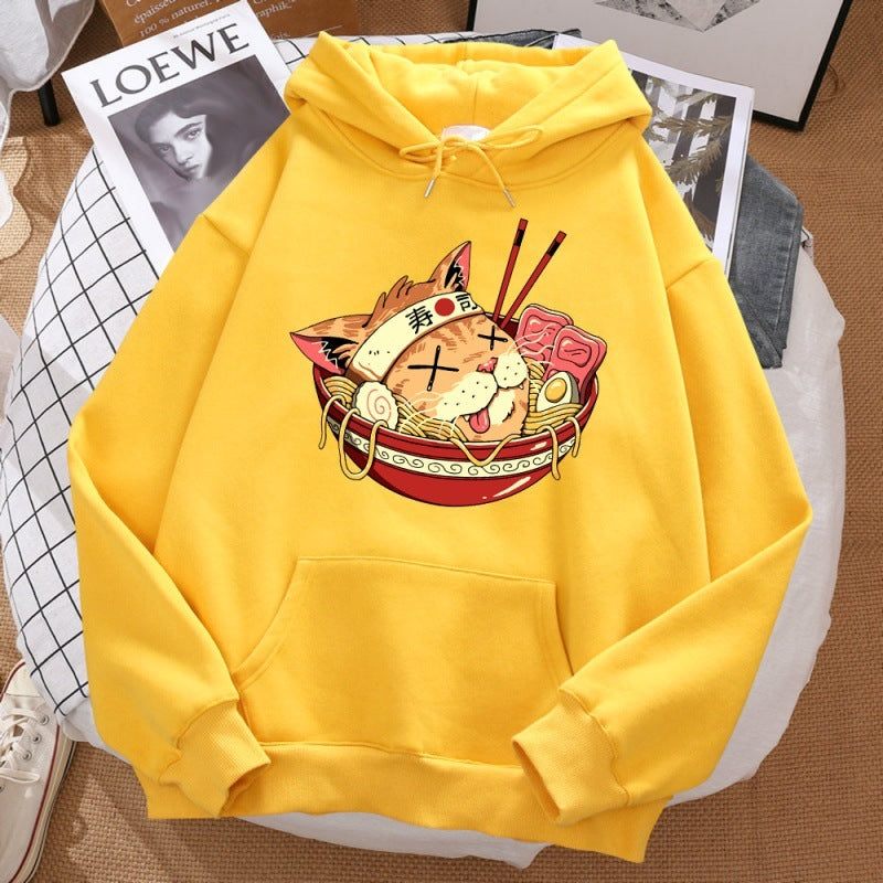 A yellow-colored long-sleeve pullover hoodie with a graphic of a samurai cat inside a bowl of sushi, surrounded by elements of Japanese culture.