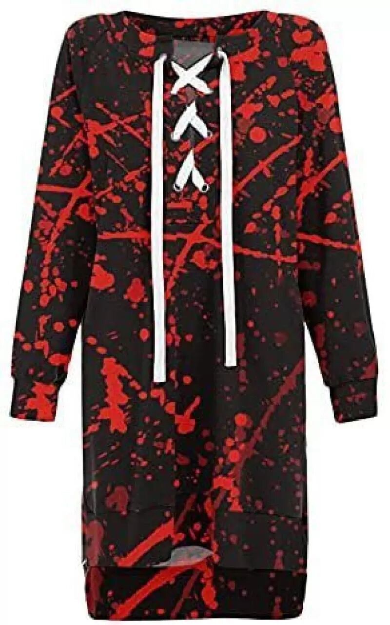 Black and red splatter pattern hoodie with white drawstrings on a plain background
