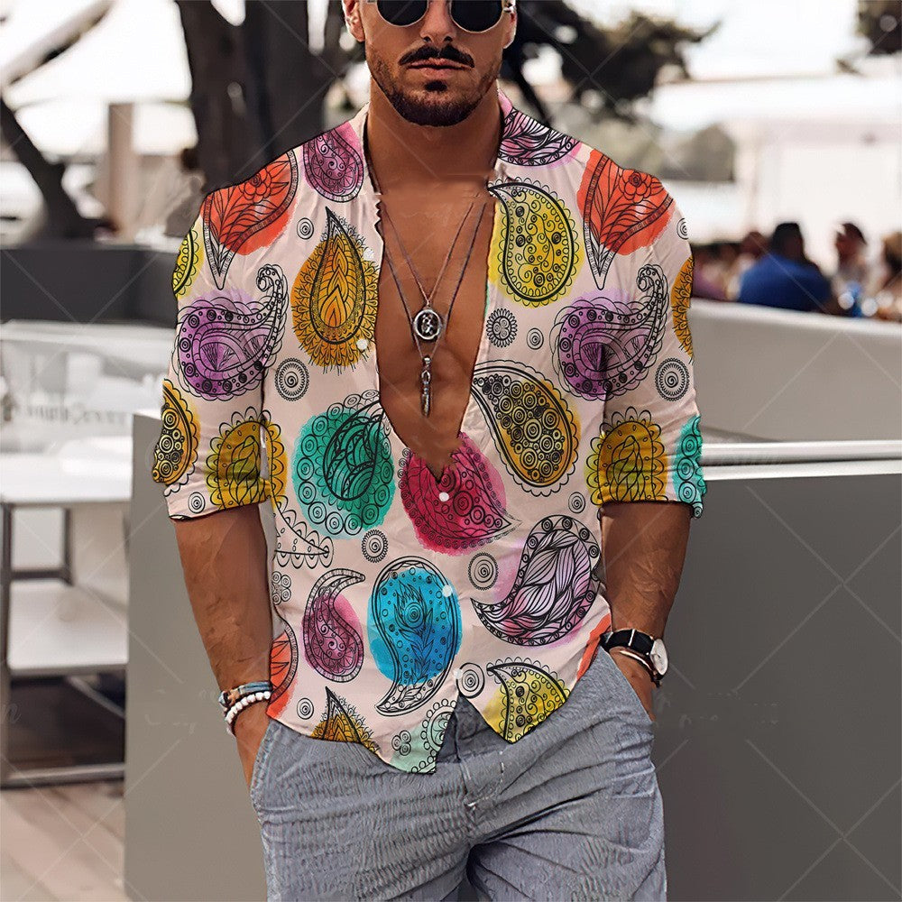 A man wearing a white short-sleeved shirt with a geometric pattern, featuring a relaxed fit.