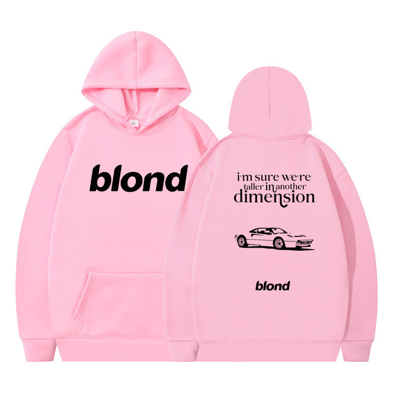 Black hoodie with 'blond' written twice and a graphic of a car on the back, with the text 'i'm sure we're all in another dimension'.