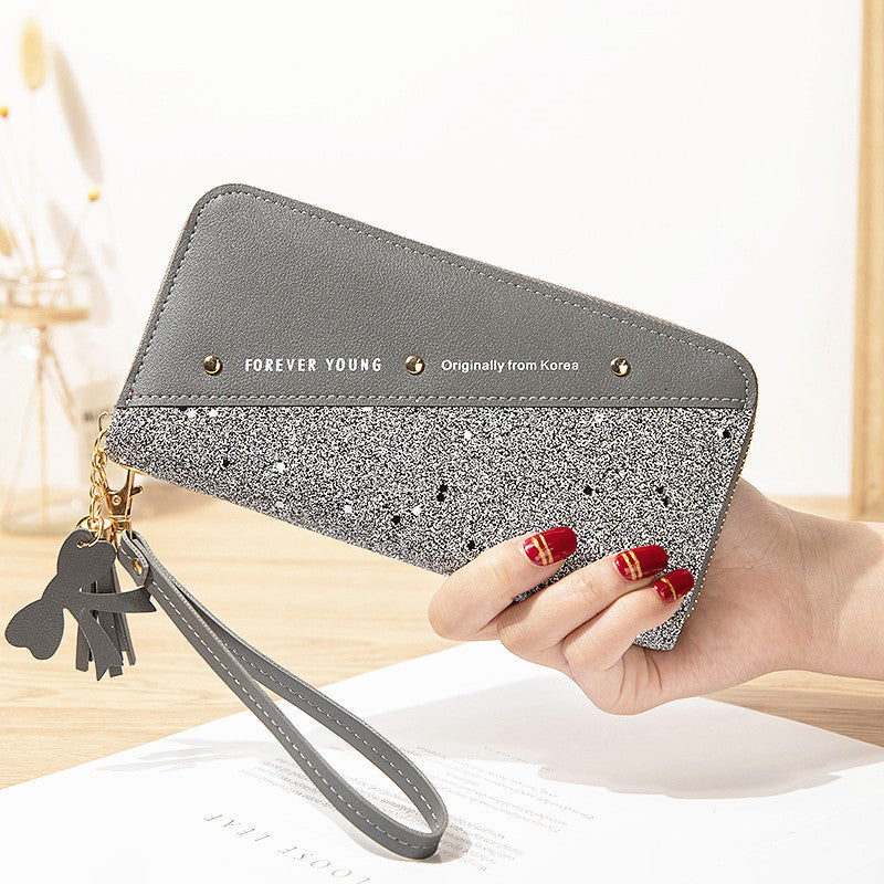 New Style Wallet Long Ladies Zipper Wallet Female Student Korean Version Stitching Contrast Color Tassel Wild Rivet Mobile Phone Bag