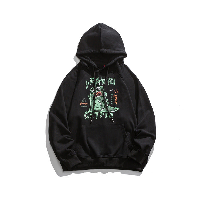 Black hooded sweatshirt with a bold dinosaur and graffiti-style letter print on the front.