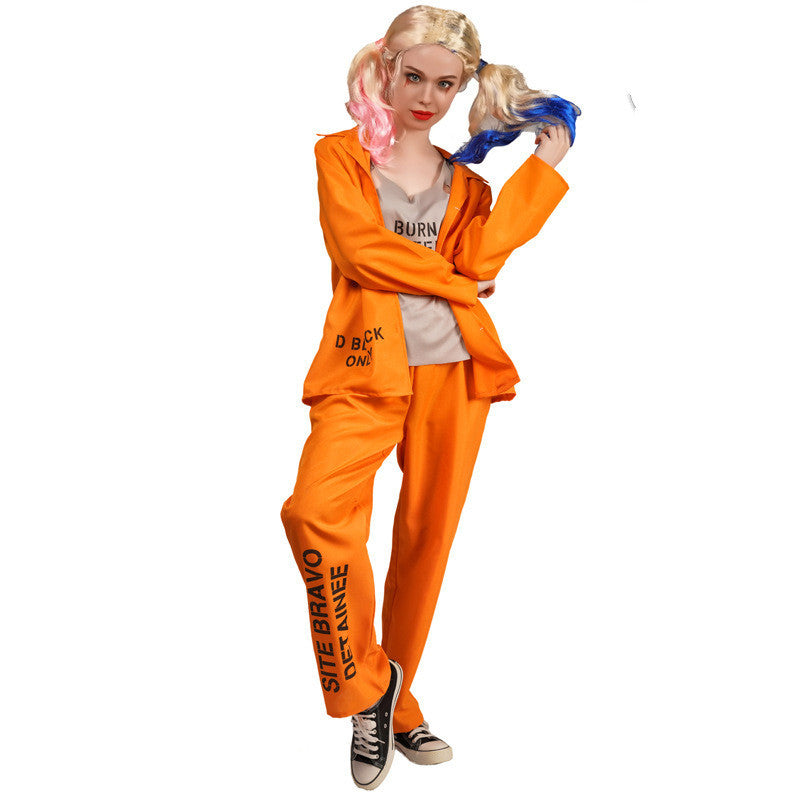 Person wearing an orange prison jumpsuit with text on a white background