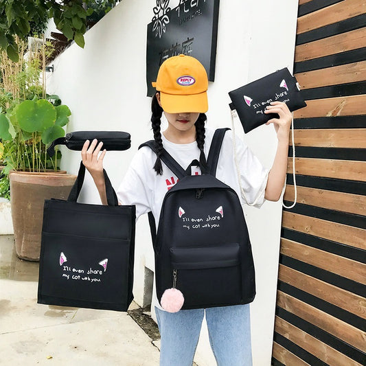 Womens Backpack Contrast Color 4pcs Set Canvas Waterproof Bag