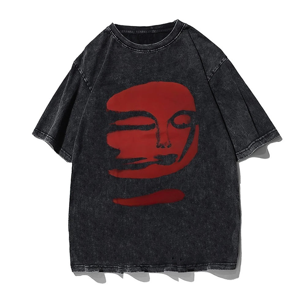 Black t-shirt with a graphic print of a statue and the text 'God Went Iike Holy' repeated multiple times.