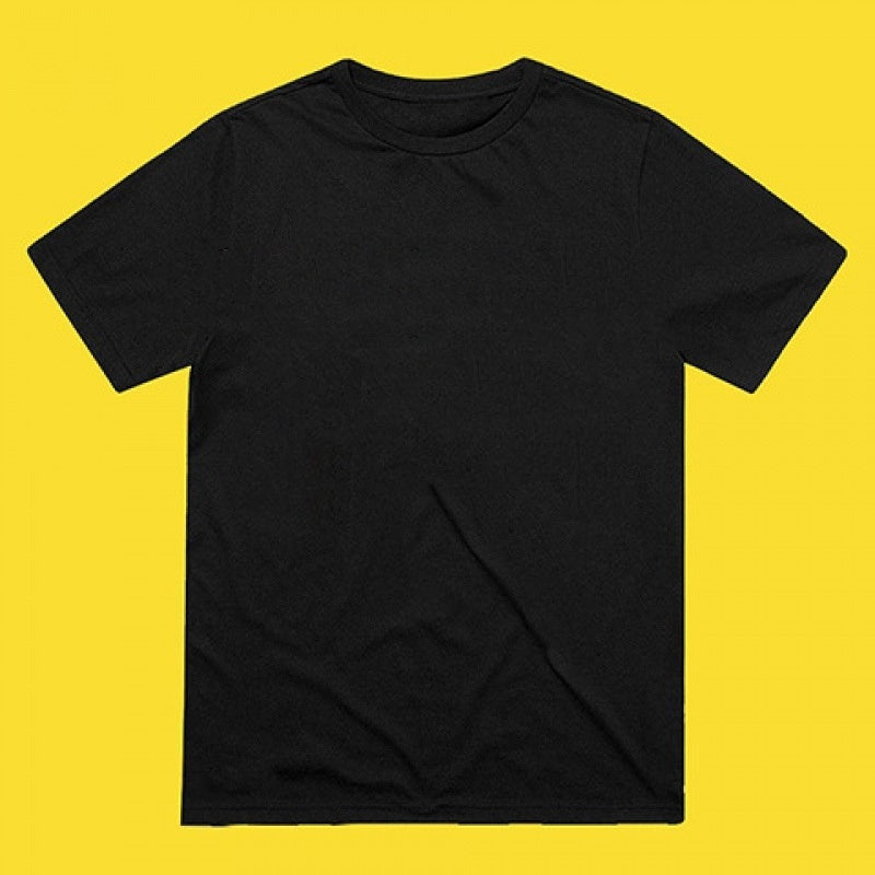 A black round neck t-shirt on a yellow background.