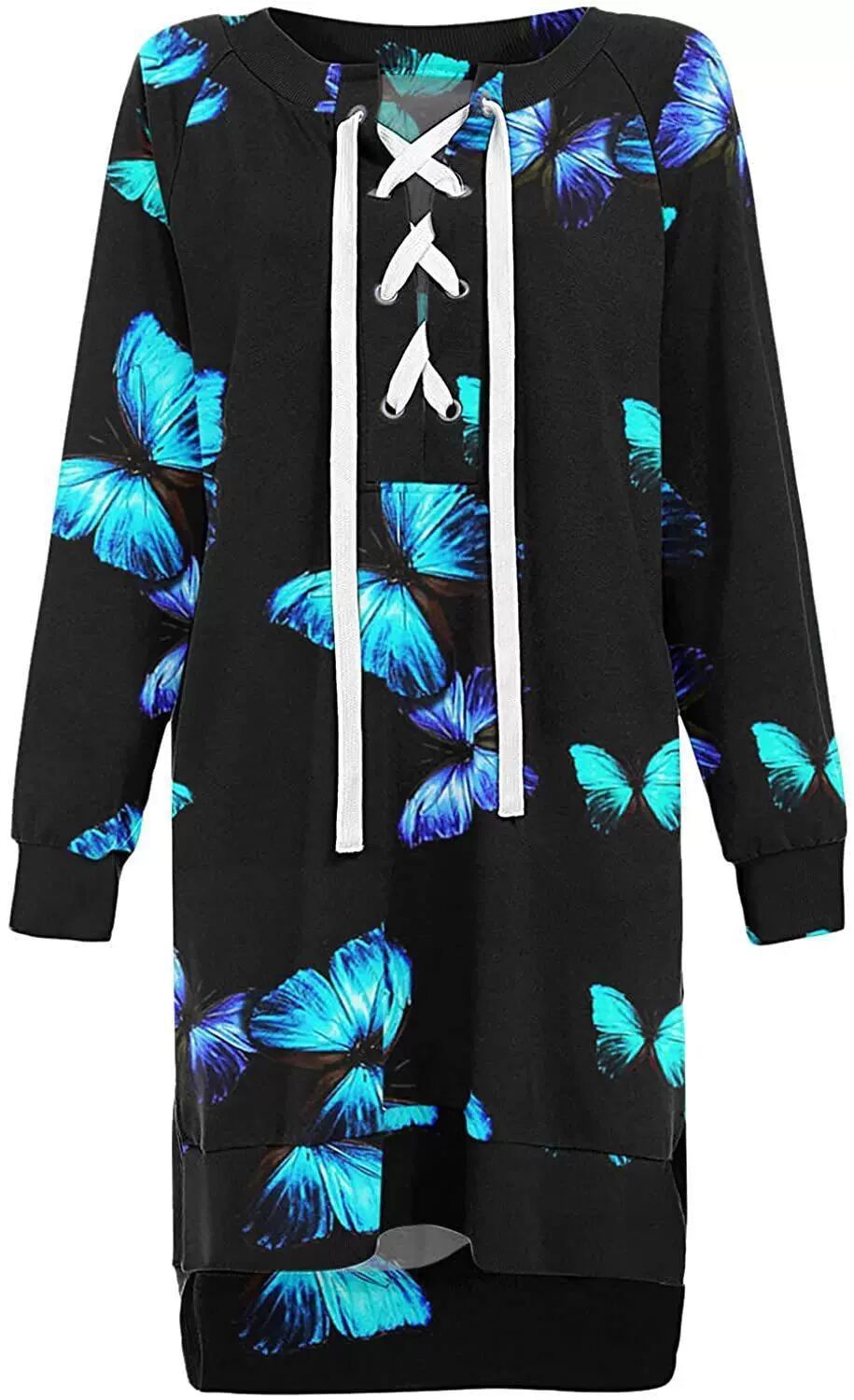 Black hoodie with blue butterfly patterns and white drawstrings on a white background