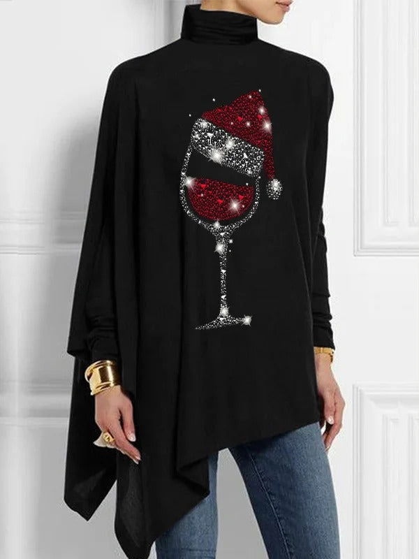 A black turtleneck top with a 3D effect pattern, featuring a relaxed fit and button details on the shoulder.