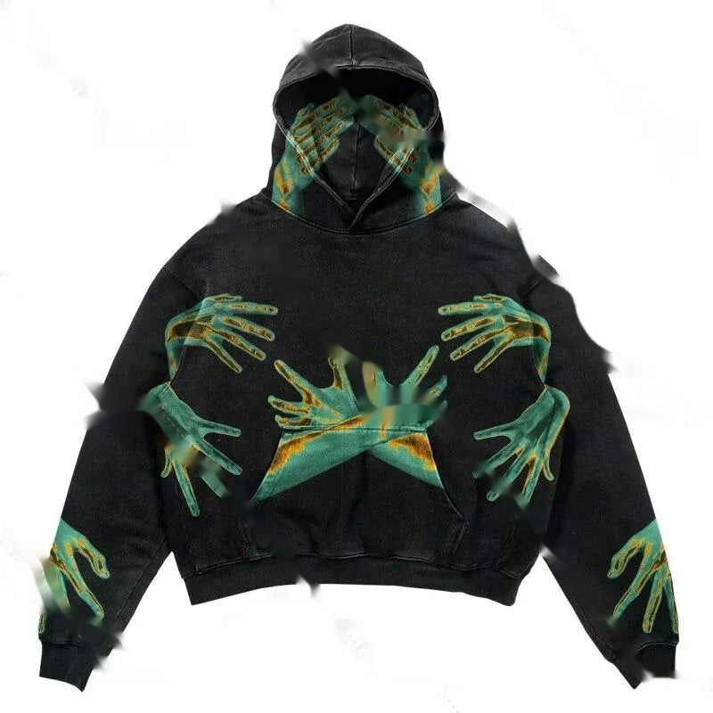 Black hoodie with a stylized skull and crossbones print in red and white