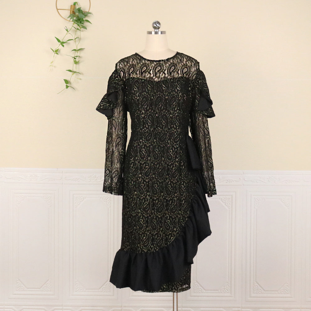 Stylish Black Pullover Dress - Irregular Cut, Lace Detailing, Large Size