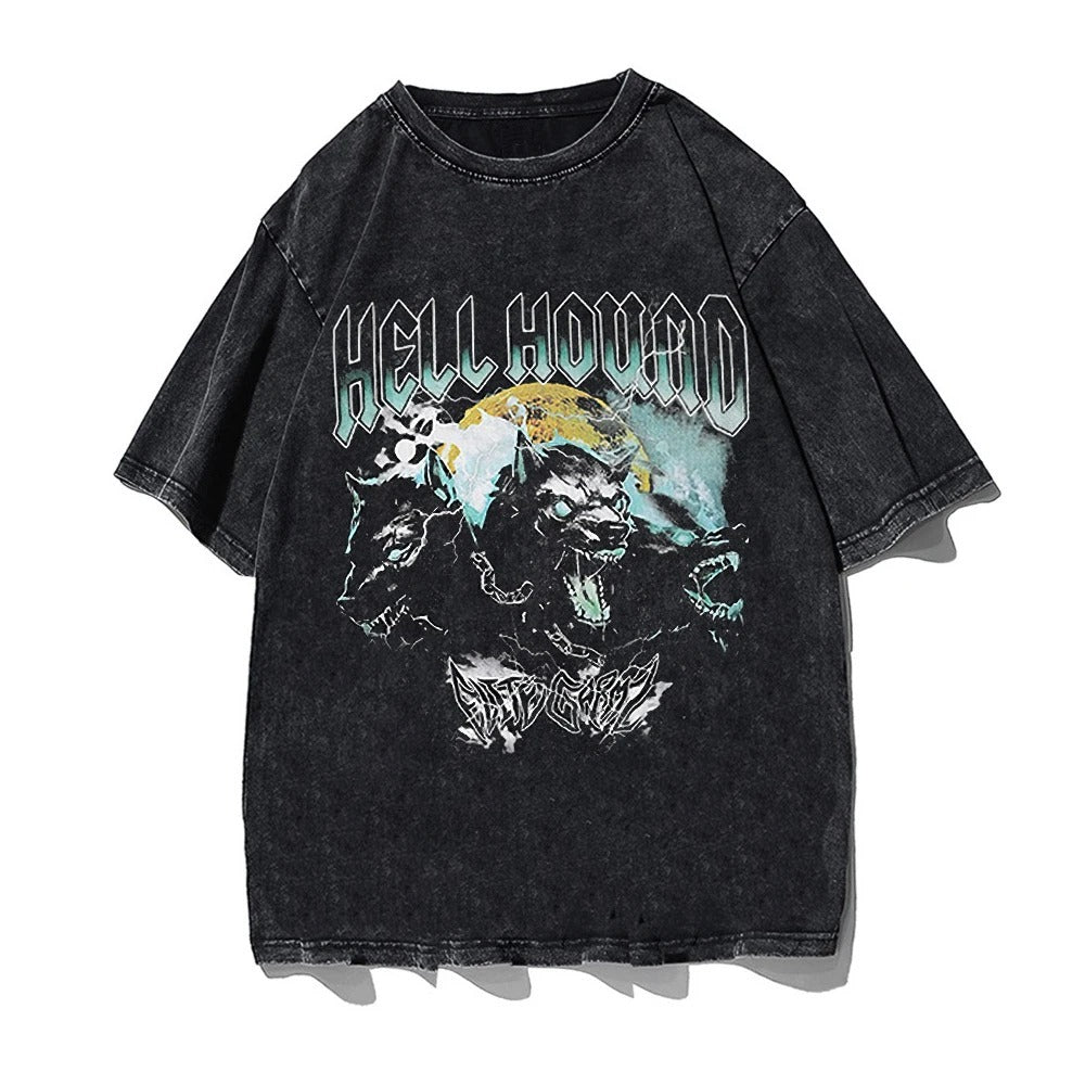 Black t-shirt with a graphic print of a statue and the text 'God Went Iike Holy' repeated multiple times.