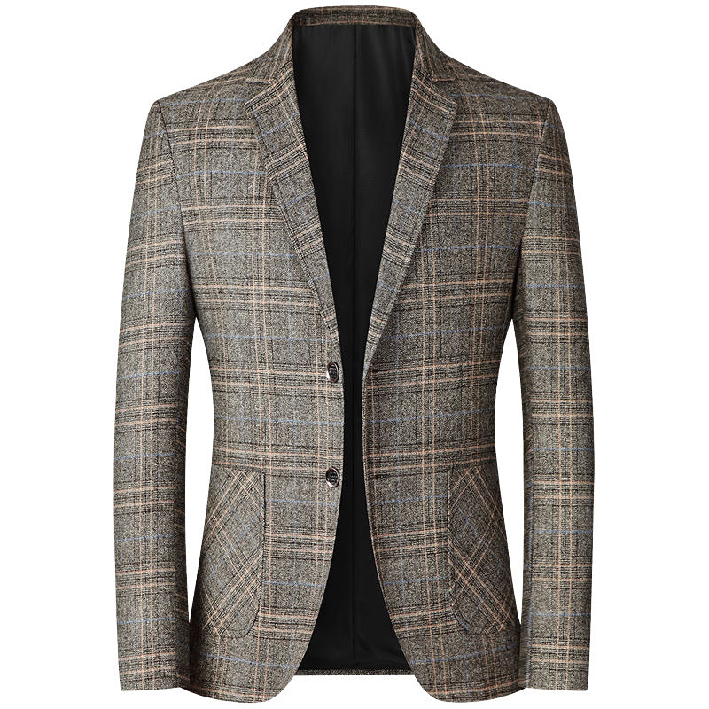 A lightweight checkered coat with long sleeves and a round hem design, buttoned at the front.
