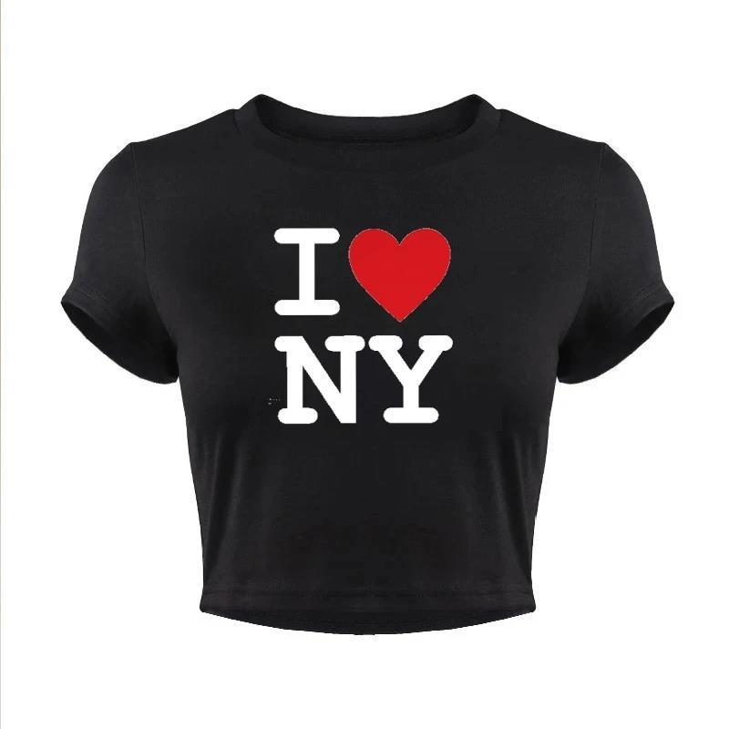 A person wearing a white crop top with the text 'I ❤️ NY' printed on the front.