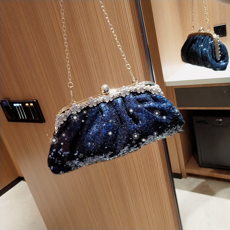 Female Blue Banquet Bag Chain Beads Handbag