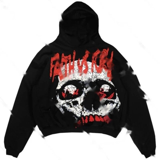 Black hoodie with a stylized skull and crossbones print in red and white