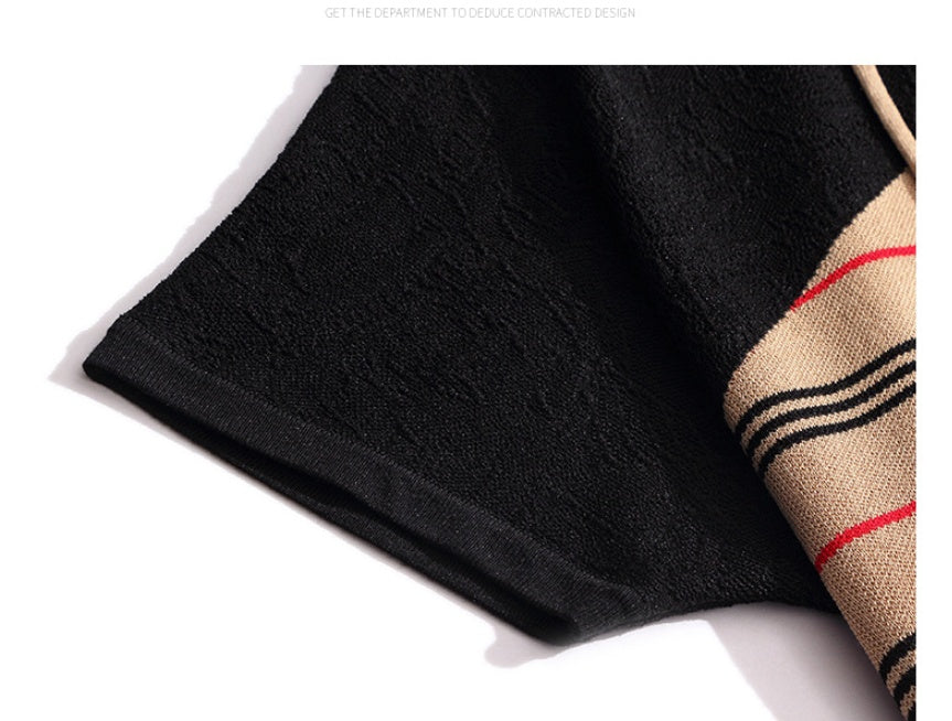 A knee-length hooded dress with a striped pattern and short sleeves.