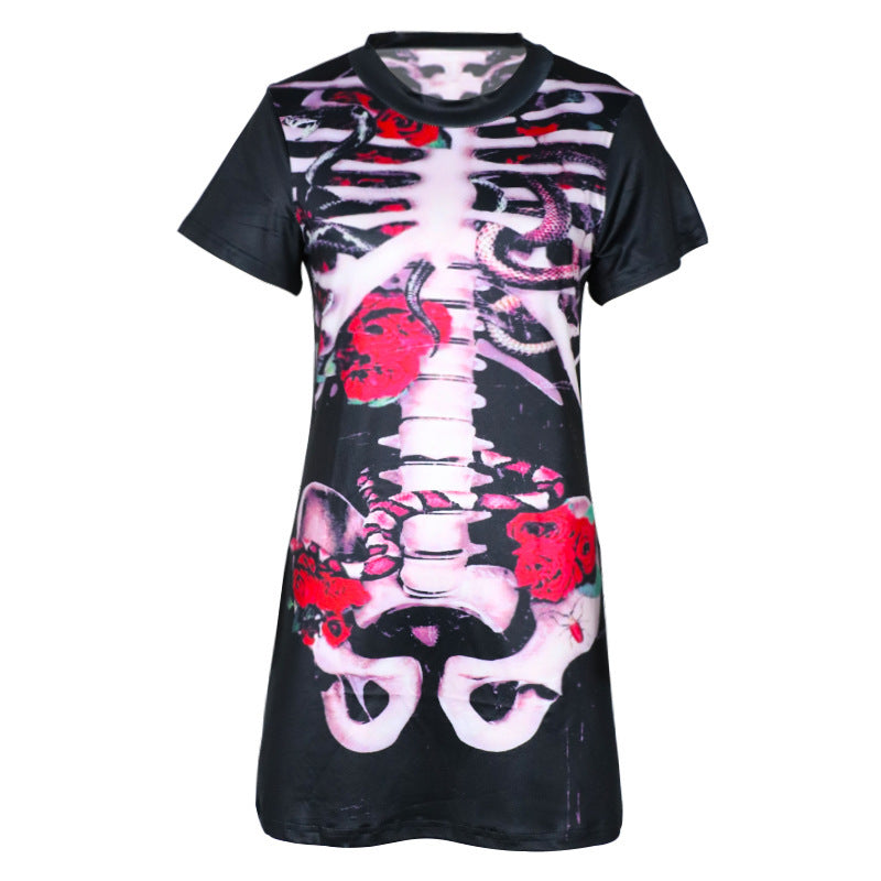 Black t-shirt with a skeleton and floral design on a white background