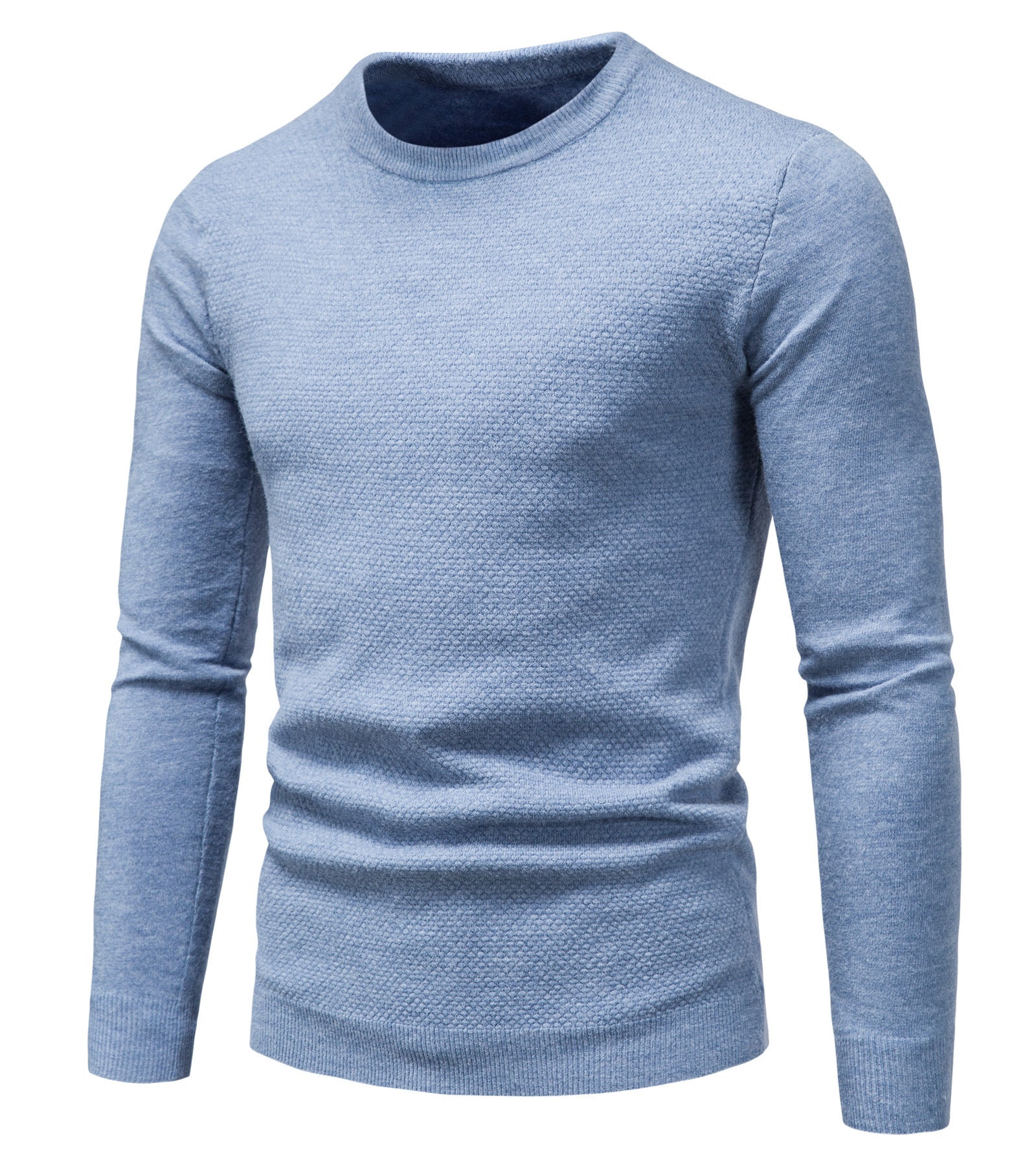 A blue Urban Wave Chunky Knit sweater with a crew neckline and a textured fabric.