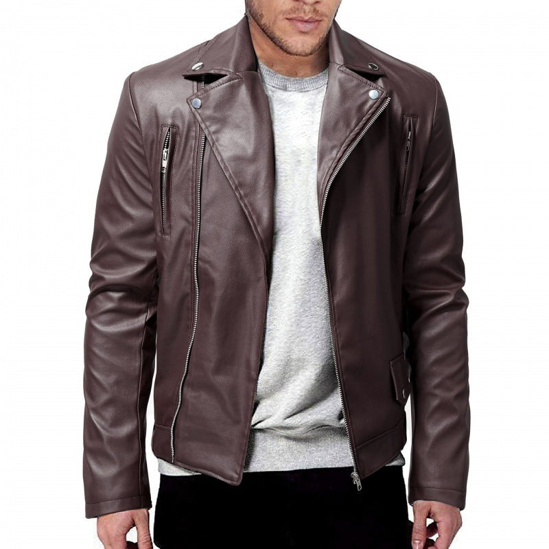 A collage of four images displaying men's PU leather jackets in red, black, blue, and brown colors.