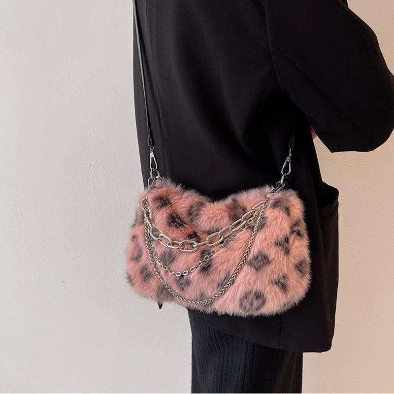 Floral Charm Plush Chain Shoulder Bag