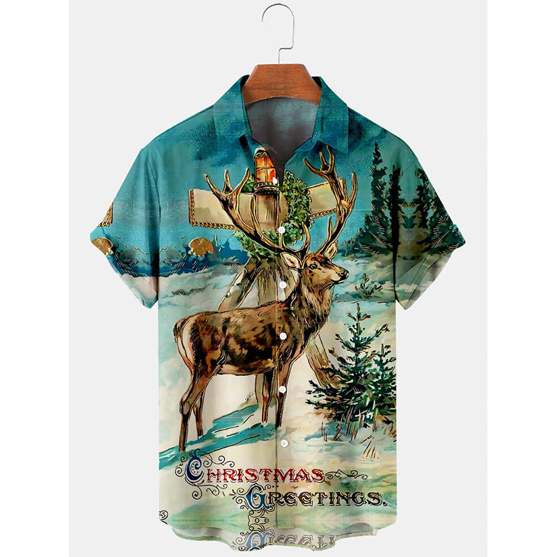 A festive long-sleeve shirt featuring a 3D print of Santa Claus with a scroll, set against a Christmas-themed background.
