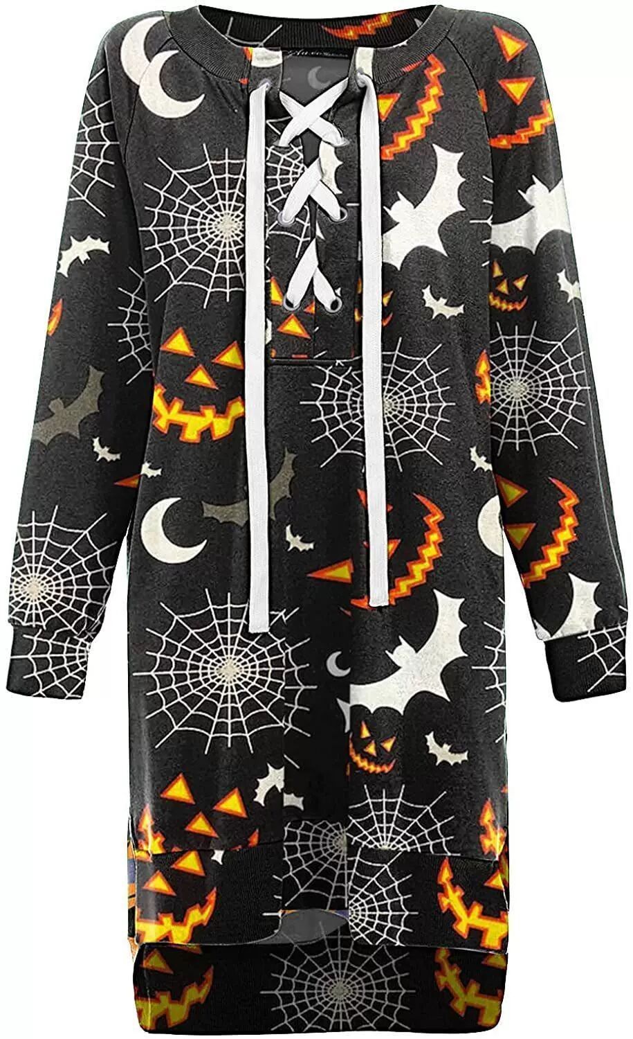 Halloween-themed zip-up hoodie with pumpkins, ghosts, and webs on a black background.