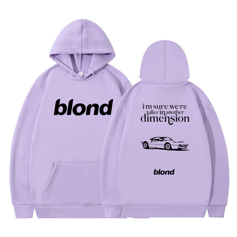 Black hoodie with 'blond' written twice and a graphic of a car on the back, with the text 'i'm sure we're all in another dimension'.