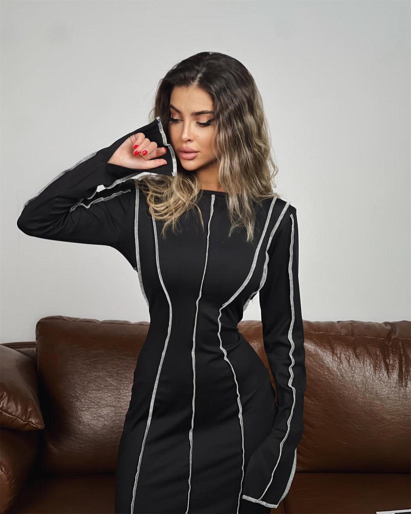 Eternal Elegance Round-Neck Dress with Long Sleeves