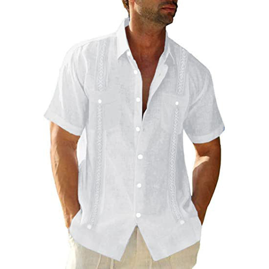A collection of four Tropic Mode Designer Shirts in different colors, displayed on male models. The shirts feature a Cuban-inspired print, short sleeves, and a casual design.