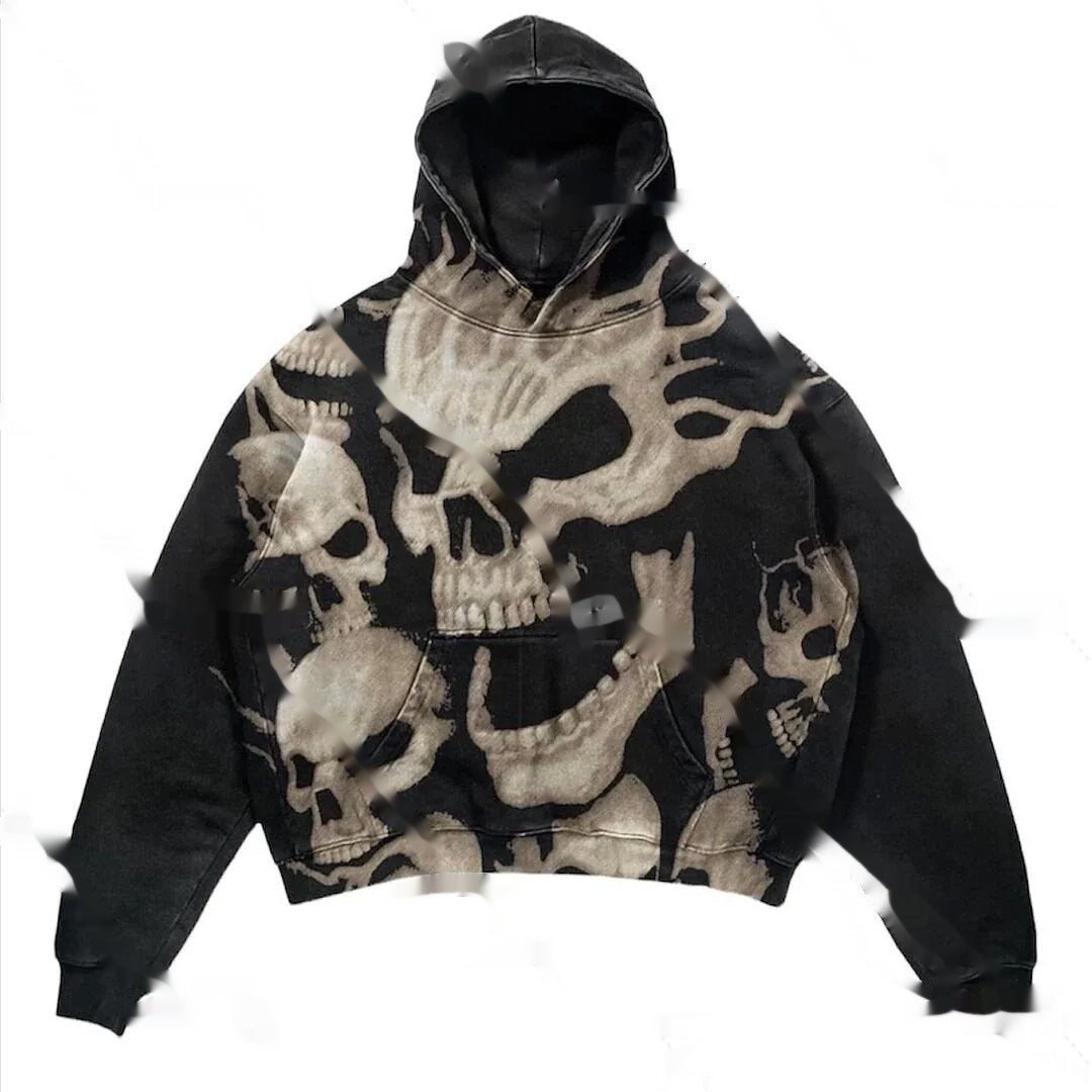Black hoodie with a stylized skull and crossbones print in red and white