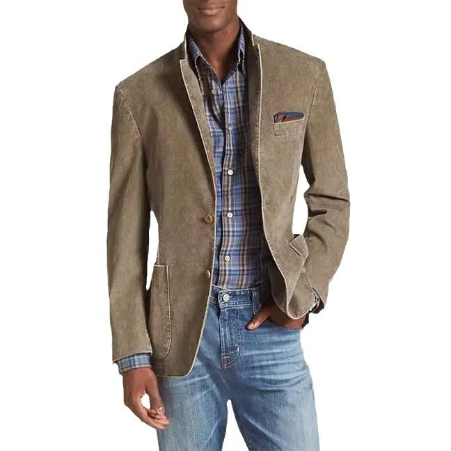 A man wearing a classic pocket denim jacket in khaki color, paired with a blue checkered shirt and blue jeans.
