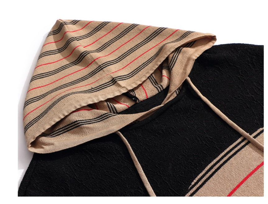 A knee-length hooded dress with a striped pattern and short sleeves.