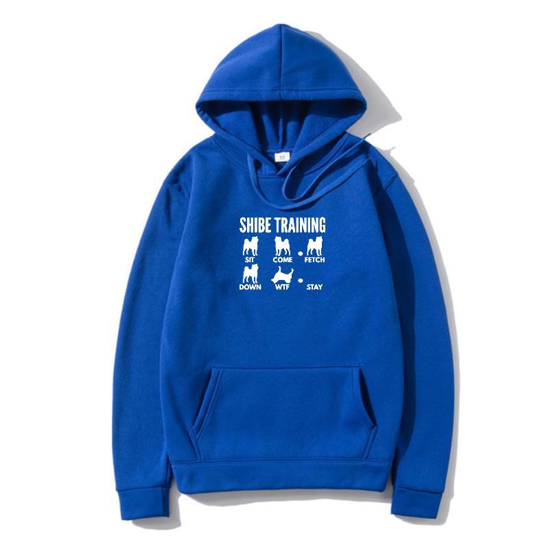 A blue hoodie with 'URBAN TRAINER' text and illustrations of dogs on the front.