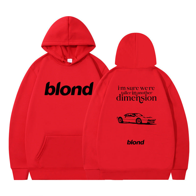 Black hoodie with 'blond' written twice and a graphic of a car on the back, with the text 'i'm sure we're all in another dimension'.