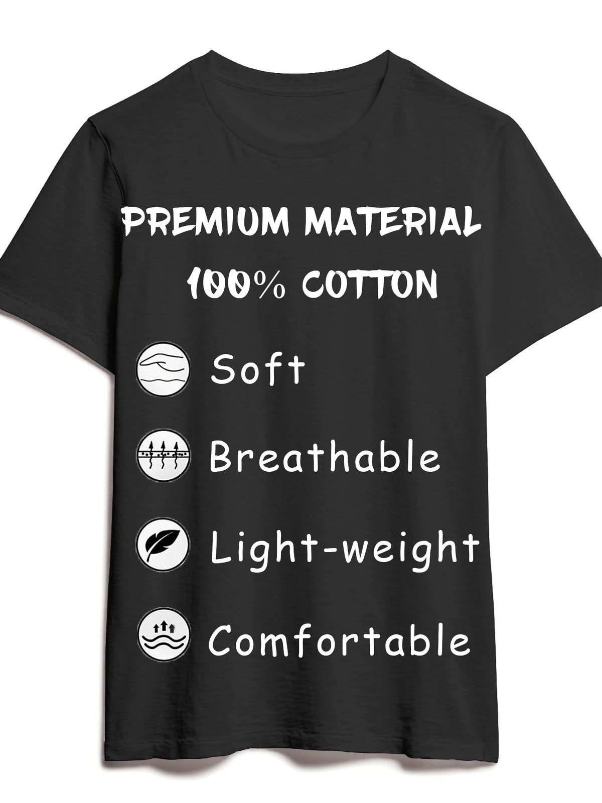 Black t-shirt with white text detailing fabric properties on a white background