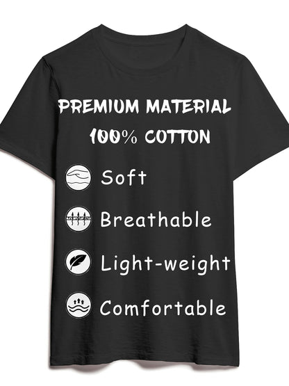 Black t-shirt with white text detailing fabric properties on a white background