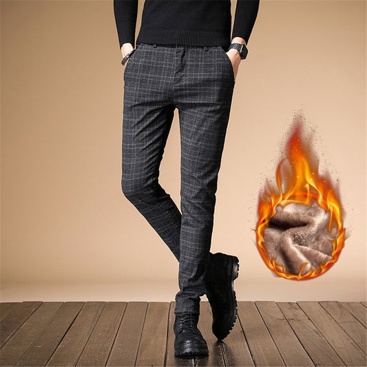 Korean Winter Plaid Brushed Slim Fit Casual Pants