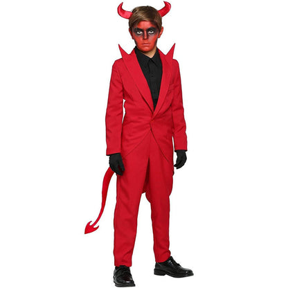 Person wearing a red devil costume with horns and a tail on a white background