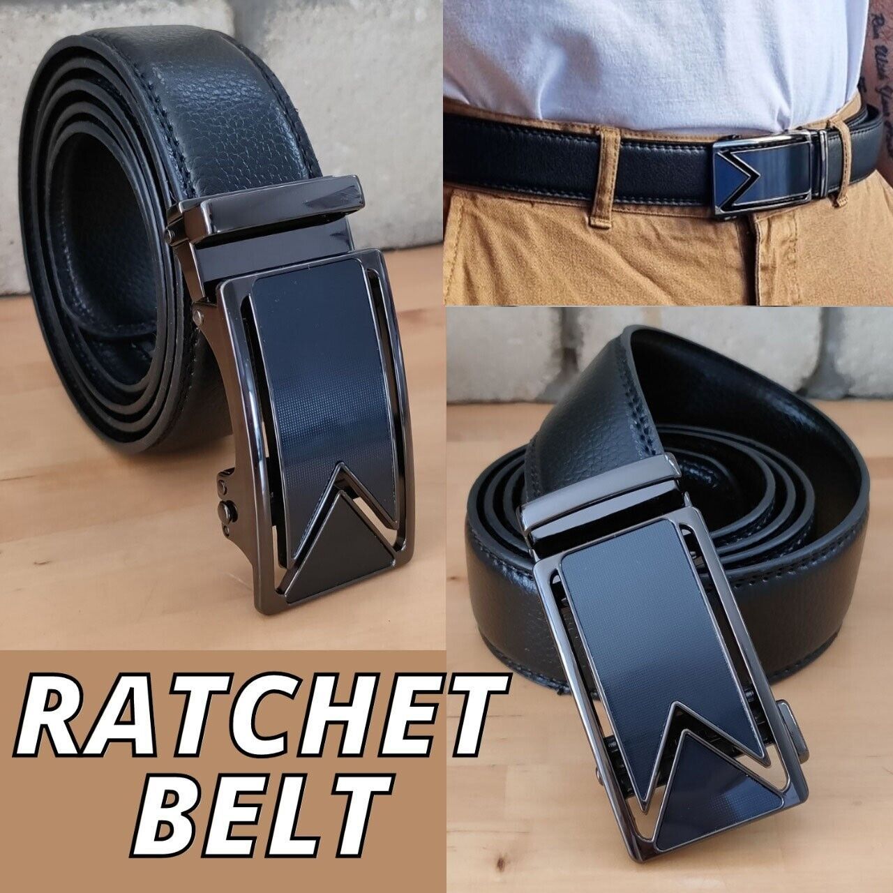 Adjustable Leather Ratchet Belt with Automatic Buckle