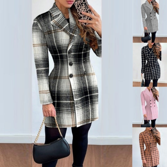 Chic Printed Coat: Elevate Your Style with this Women's Long-Sleeved Double-Breasted Suit Collar Coat