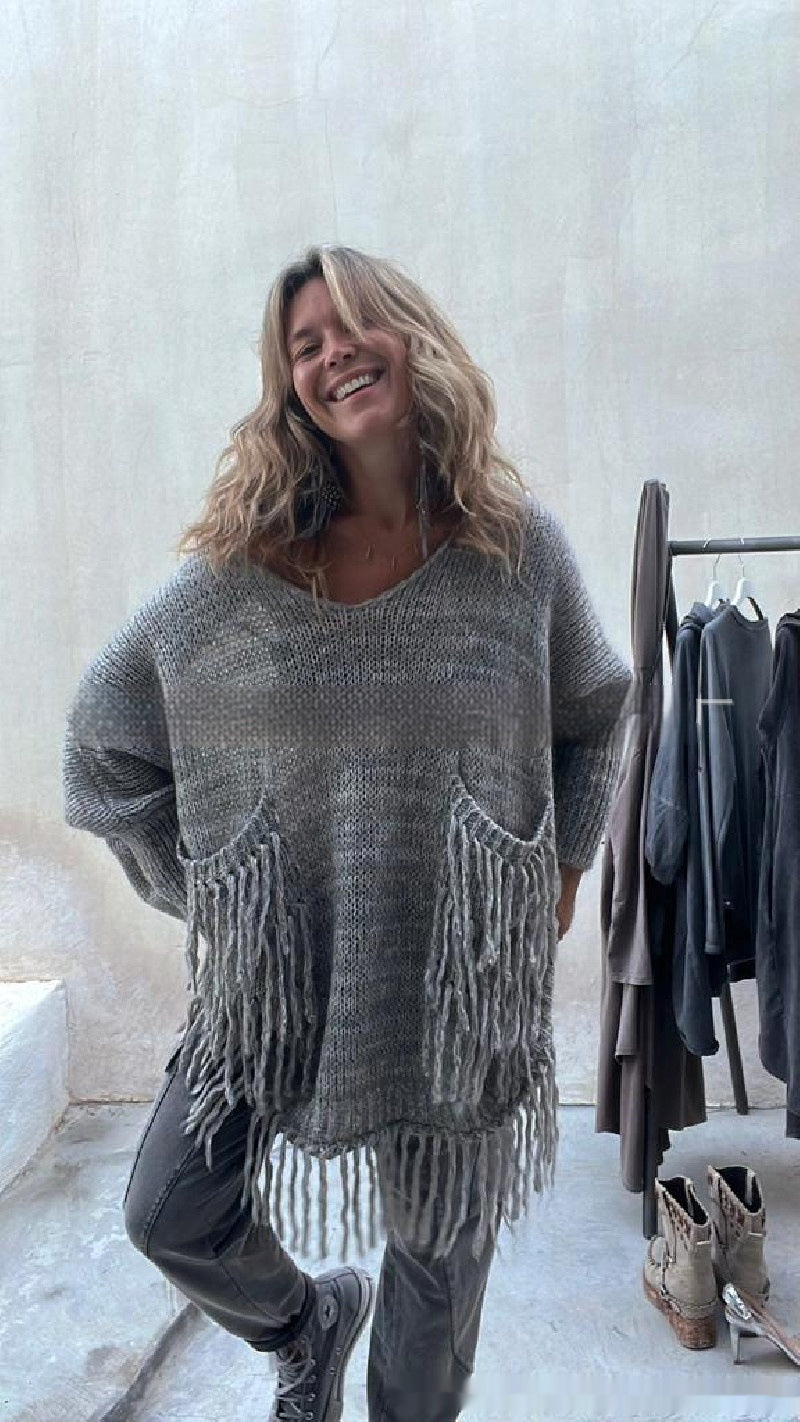 Elegant Tassel Trim Knitted Sweater